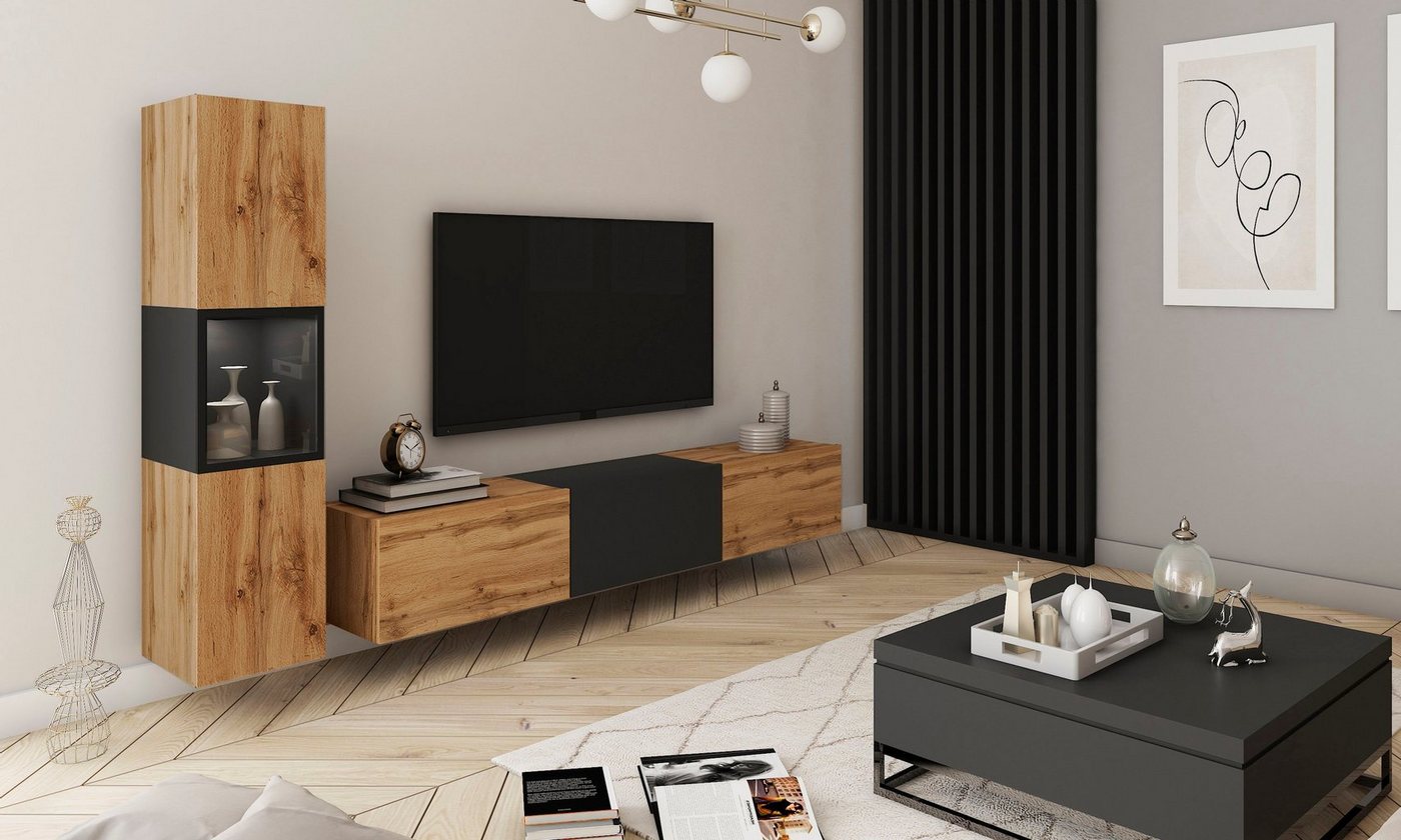 Home affaire Wohnwand BERLIN I, Vitrine Türschlag links/rechts wechselbar, (Komplett-Set, 2-St), moderne grifflose Mediawand Breite 220 cm, Vitrine mit Verglasu – Bild 2 von 5