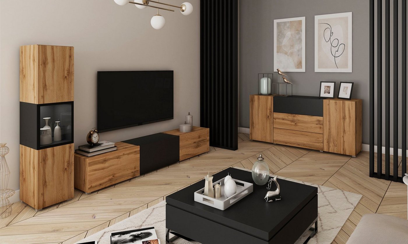 Home affaire Wohnwand BERLIN I, Vitrine Türschlag links/rechts wechselbar, (Komplett-Set, 2-St), moderne grifflose Mediawand Breite 220 cm, Vitrine mit Verglasu – Bild 3 von 5