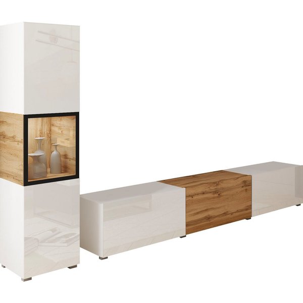 Home affaire Wohnwand BERLIN I, Vitrine Türschlag links/rechts wechselbar, (Komplett-Set, 2-St), moderne grifflose Mediawand Breite 220 cm, Vitrine mit Verglasu