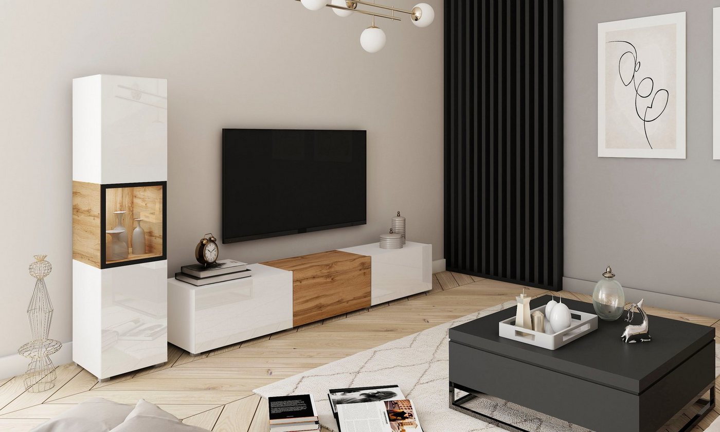Home affaire Wohnwand BERLIN I, Vitrine Türschlag links/rechts wechselbar, (Komplett-Set, 2-St), moderne grifflose Mediawand Breite 220 cm, Vitrine mit Verglasu – Bild 2 von 5