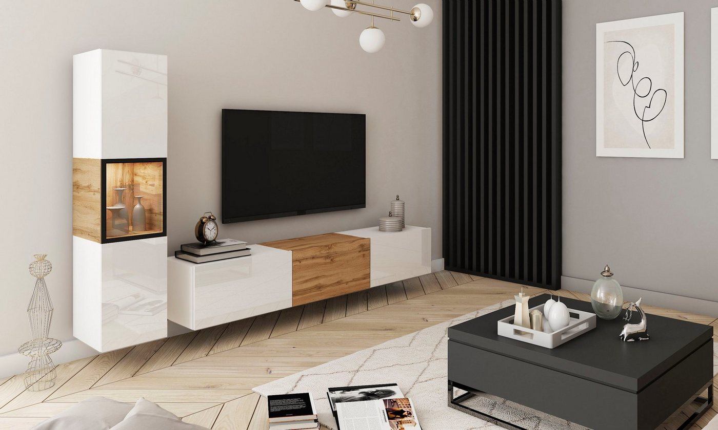 Home affaire Wohnwand BERLIN I, Vitrine Türschlag links/rechts wechselbar, (Komplett-Set, 2-St), moderne grifflose Mediawand Breite 220 cm, Vitrine mit Verglasu – Bild 3 von 5