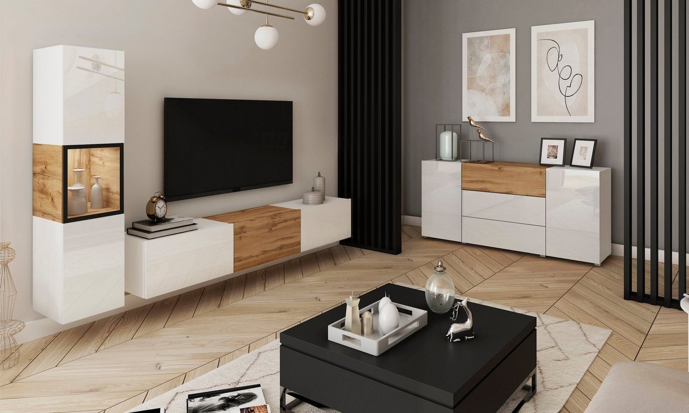 Home affaire Wohnwand BERLIN I, Vitrine Türschlag links/rechts wechselbar, (Komplett-Set, 2-St), moderne grifflose Mediawand Breite 220 cm, Vitrine mit Verglasu – Bild 5 von 5