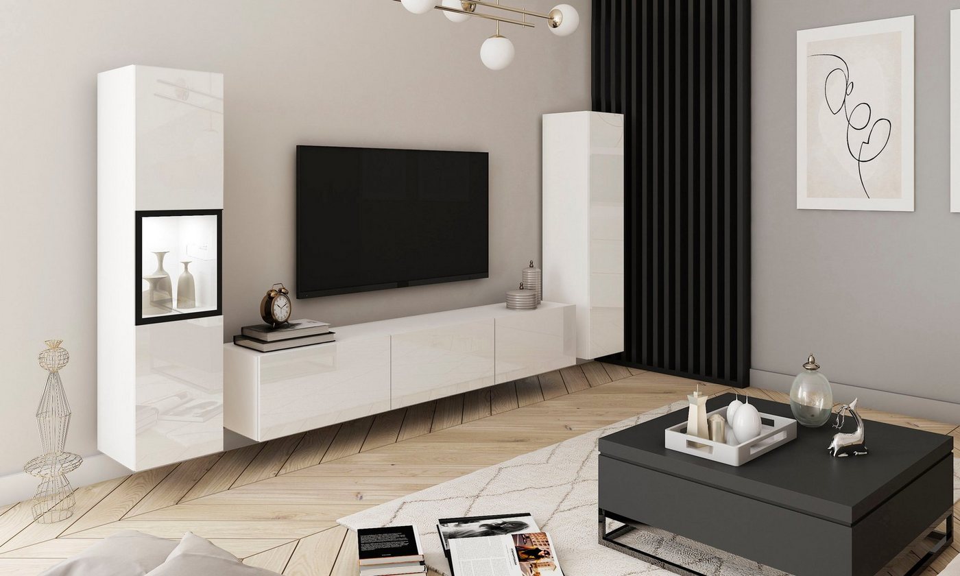 Home affaire Wohnwand BERLIN III, Vitrine Türschlag links/rechts wechselbar, (Komplett-Set, 3-St), moderne grifflose Mediawand Breite 260 cm, Vitrine mit Vergla – Bild 2 von 5
