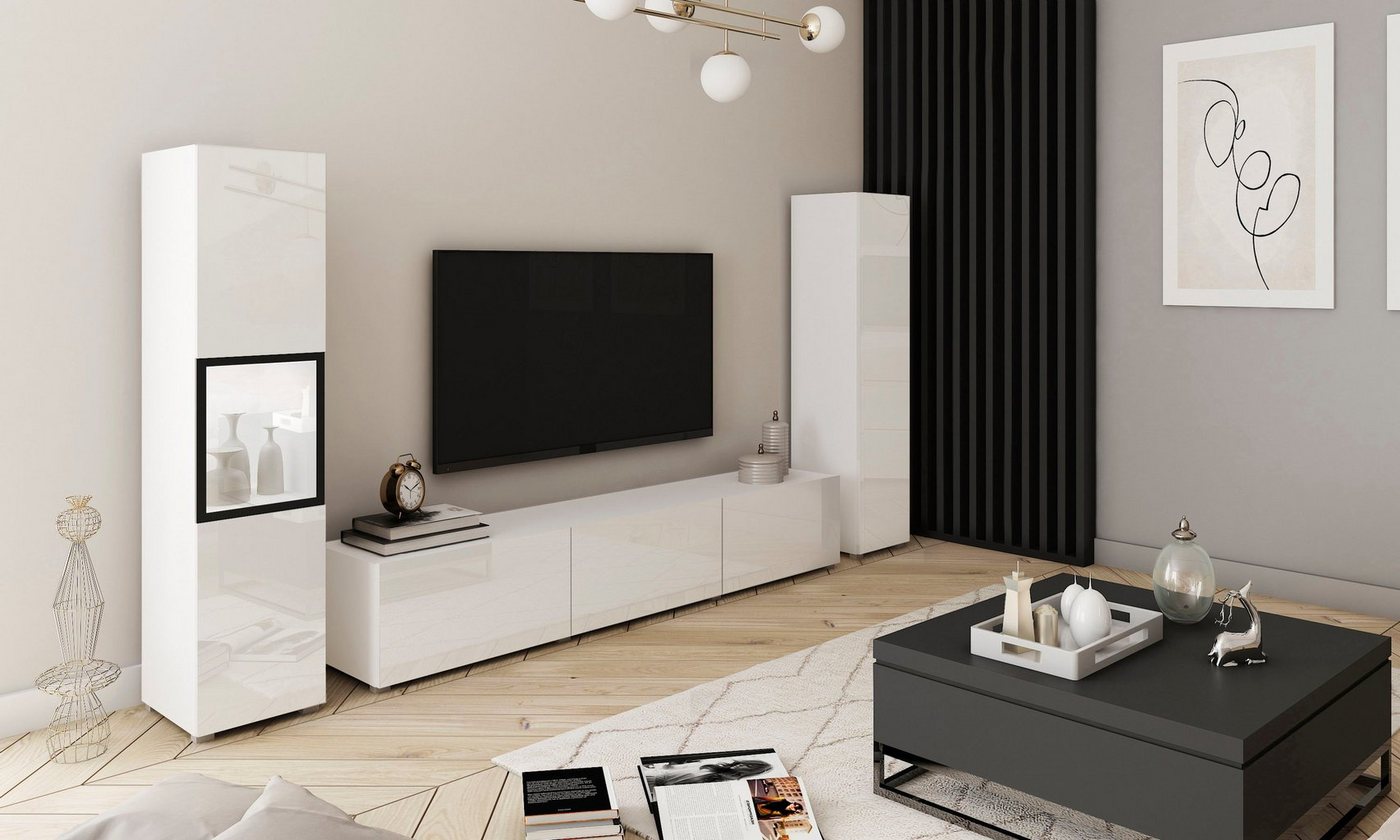 Home affaire Wohnwand BERLIN III, Vitrine Türschlag links/rechts wechselbar, (Komplett-Set, 3-St), moderne grifflose Mediawand Breite 260 cm, Vitrine mit Vergla – Bild 3 von 5