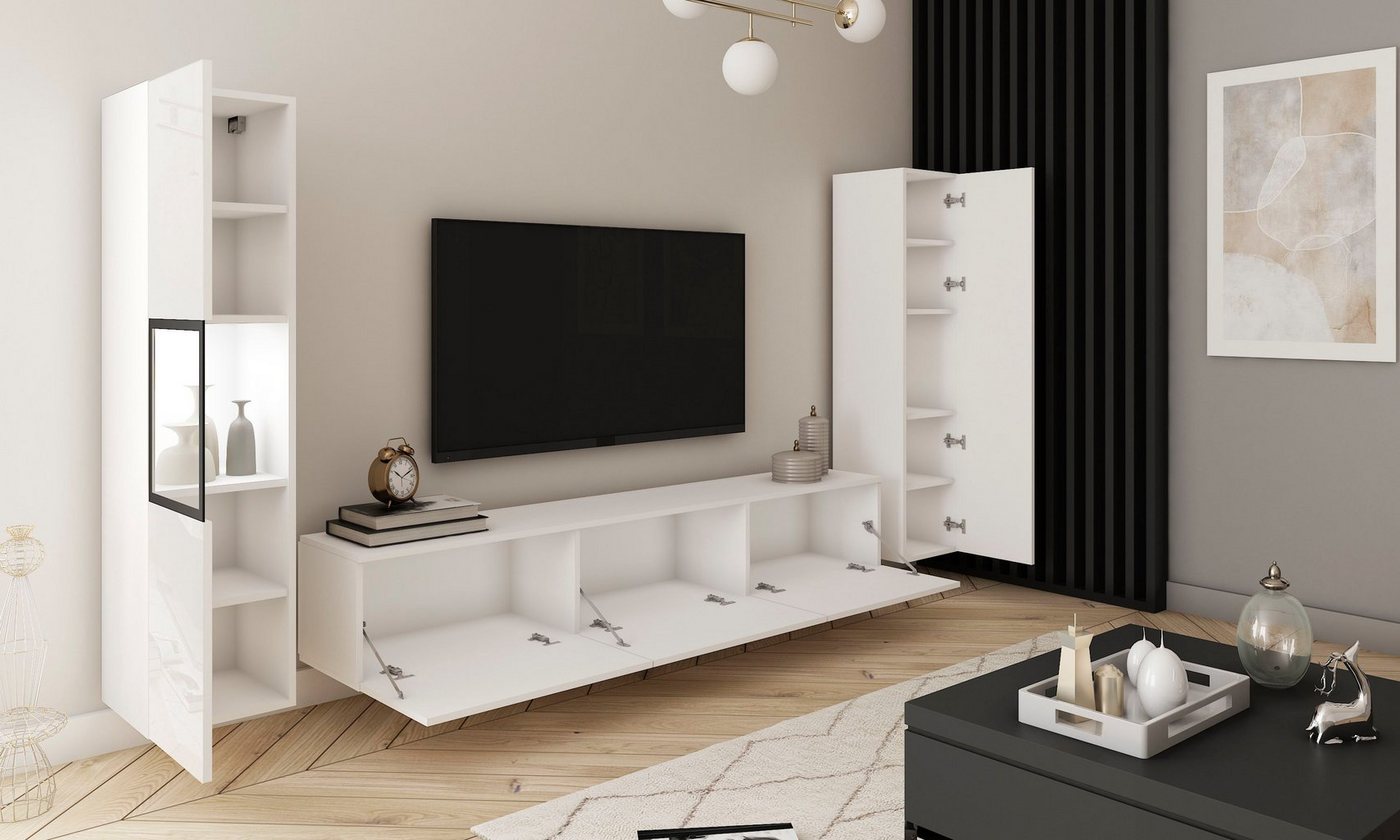 Home affaire Wohnwand BERLIN III, Vitrine Türschlag links/rechts wechselbar, (Komplett-Set, 3-St), moderne grifflose Mediawand Breite 260 cm, Vitrine mit Vergla – Bild 4 von 5