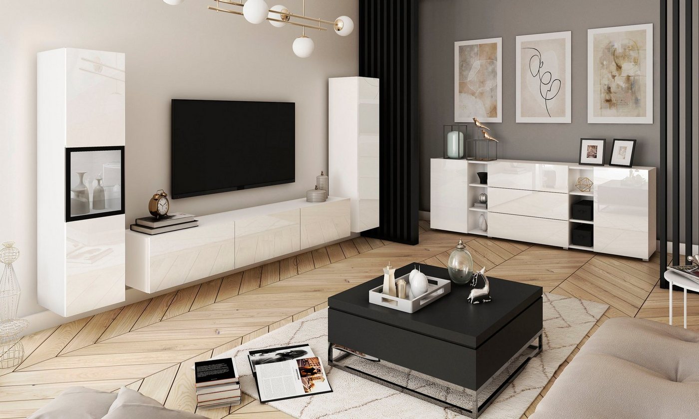 Home affaire Wohnwand BERLIN III, Vitrine Türschlag links/rechts wechselbar, (Komplett-Set, 3-St), moderne grifflose Mediawand Breite 260 cm, Vitrine mit Vergla – Bild 5 von 5