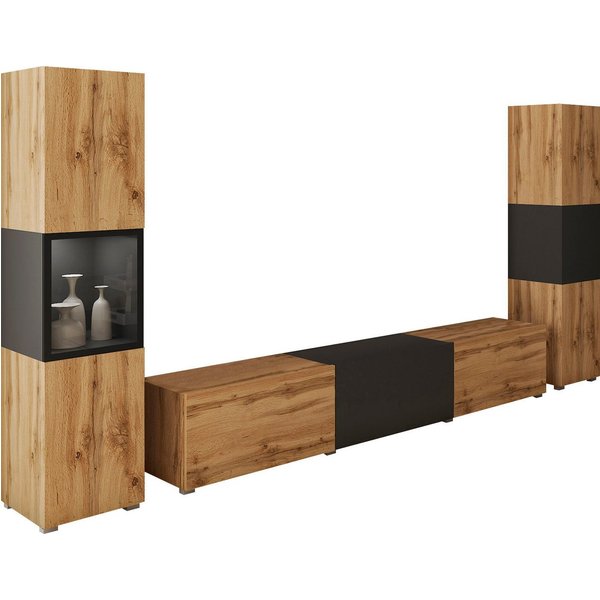 Home affaire Wohnwand BERLIN III, Vitrine Türschlag links/rechts wechselbar, (Komplett-Set, 3-St), moderne grifflose Mediawand Breite 260 cm, Vitrine mit Vergla