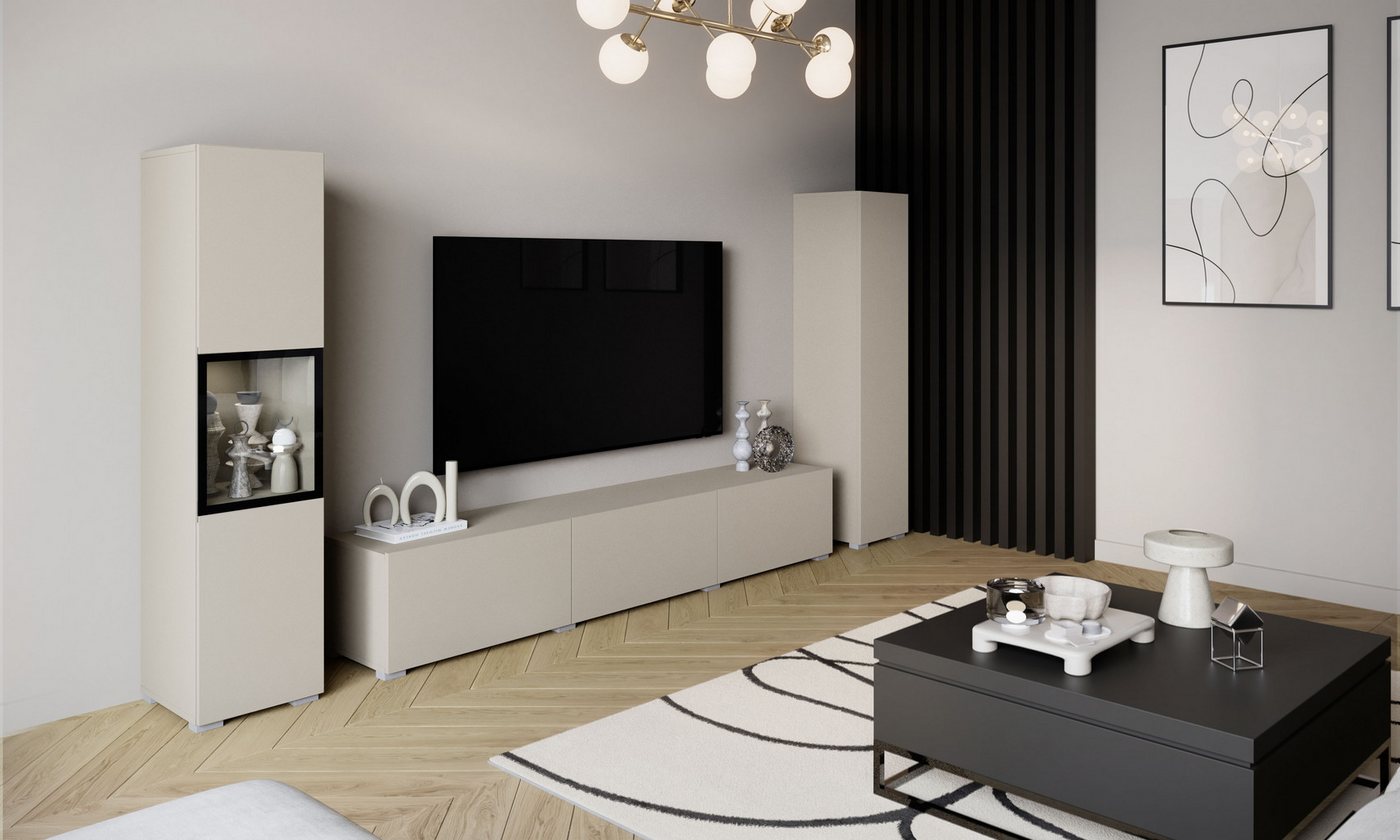 Home affaire Wohnwand BERLIN III, Vitrine Türschlag links/rechts wechselbar, (Komplett-Set, 3-St), moderne grifflose Mediawand Breite 260 cm, Vitrine mit Vergla – Bild 3 von 5