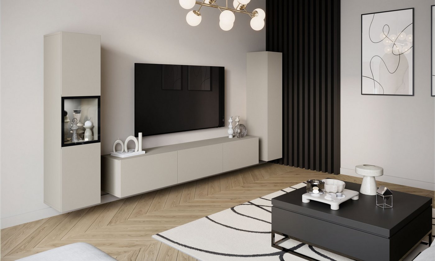 Home affaire Wohnwand BERLIN III, Vitrine Türschlag links/rechts wechselbar, (Komplett-Set, 3-St), moderne grifflose Mediawand Breite 260 cm, Vitrine mit Vergla – Bild 5 von 5