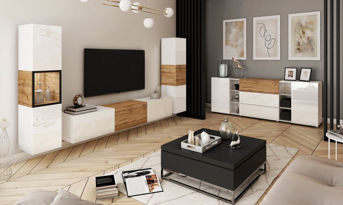 Home affaire Wohnwand BERLIN III, Vitrine Türschlag links/rechts wechselbar, (Komplett-Set, 3-St), moderne grifflose Mediawand Breite 260 cm, Vitrine mit Vergla – Bild 2 von 5