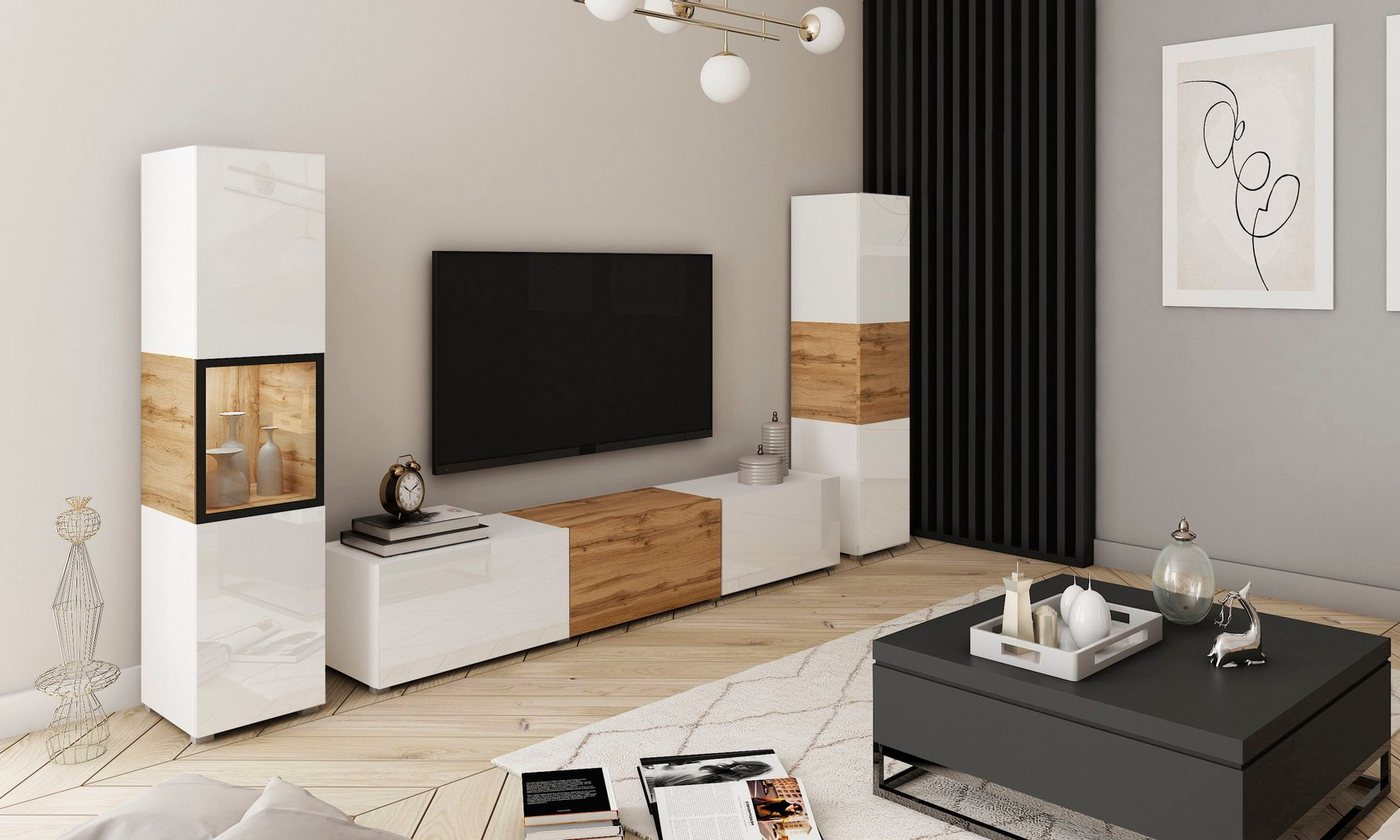 Home affaire Wohnwand BERLIN III, Vitrine Türschlag links/rechts wechselbar, (Komplett-Set, 3-St), moderne grifflose Mediawand Breite 260 cm, Vitrine mit Vergla – Bild 5 von 5