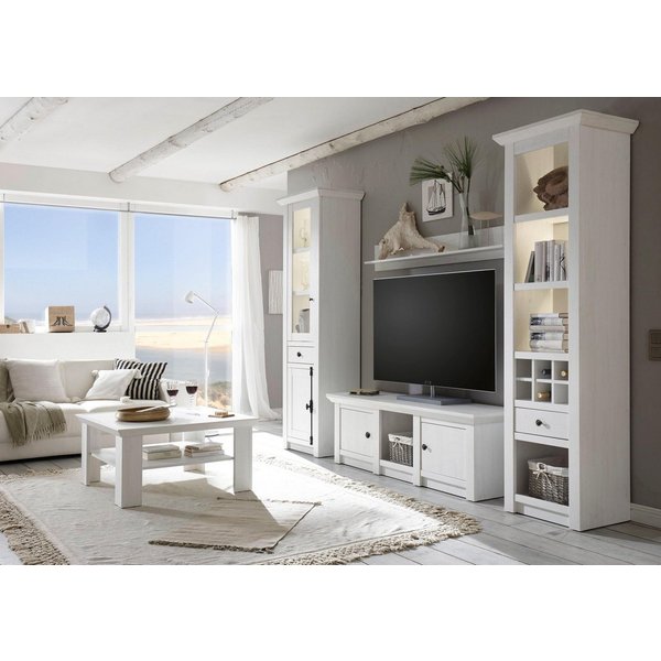 Home affaire Wohnwand California, Anbauwand im Landhausstil, Komplettset mit Metallgriffen, (4-St., Besteht aus 1 Standregal, 1 Vitrine, 1 Lowboard, 1 Wandregal