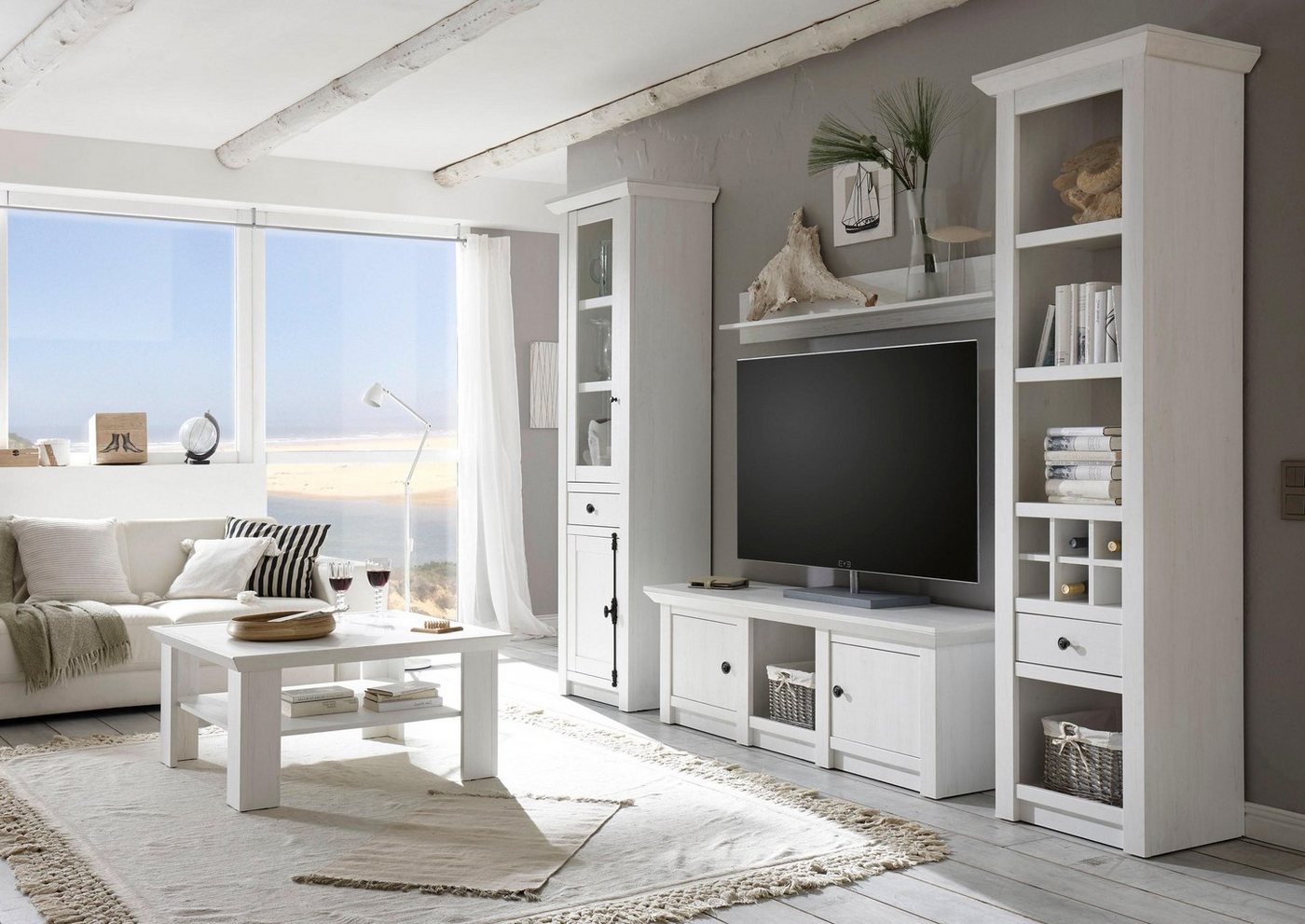 Home affaire Wohnwand California, Anbauwand im Landhausstil, Komplettset mit Metallgriffen, (4-St., Besteht aus 1 Standregal, 1 Vitrine, 1 Lowboard, 1 Wandregal – Bild 2 von 3