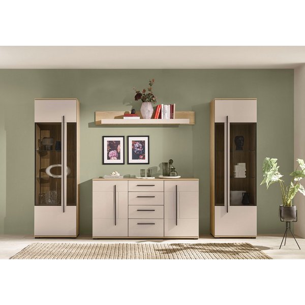 Home affaire Wohnwand Cantara, Anbauwand, Wohnzimmer-Set, in Eiche Evoke, Weiß oder Kaschmir, (Set), enthält zwei Vitrinen, ein Sideboard und ein Wandboard