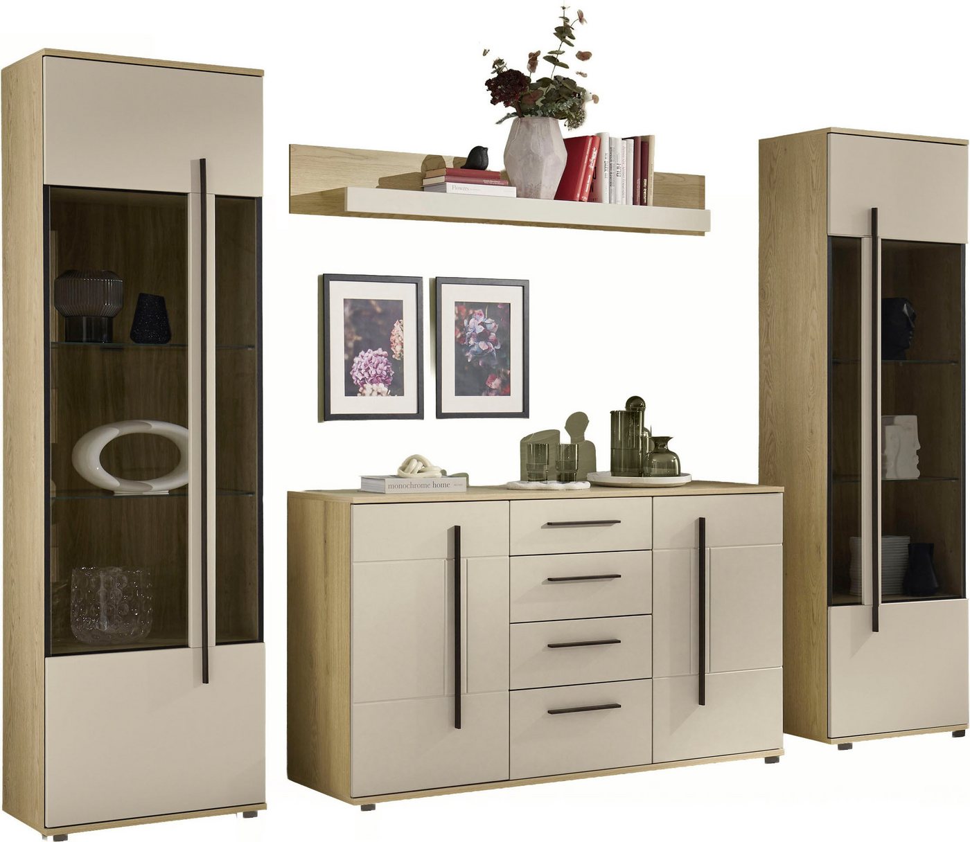 Home affaire Wohnwand Cantara, Anbauwand, Wohnzimmer-Set, in Eiche Evoke, Weiß oder Kaschmir, (Set), enthält zwei Vitrinen, ein Sideboard und ein Wandboard – Bild 2 von 5
