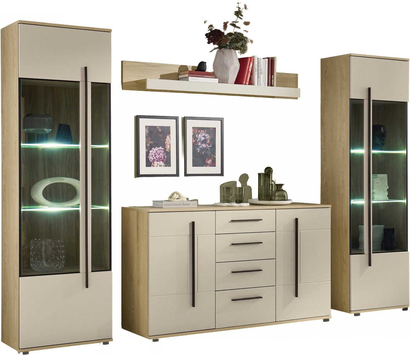 Home affaire Wohnwand Cantara, Anbauwand, Wohnzimmer-Set, in Eiche Evoke, Weiß oder Kaschmir, (Set), enthält zwei Vitrinen, ein Sideboard und ein Wandboard – Bild 3 von 5