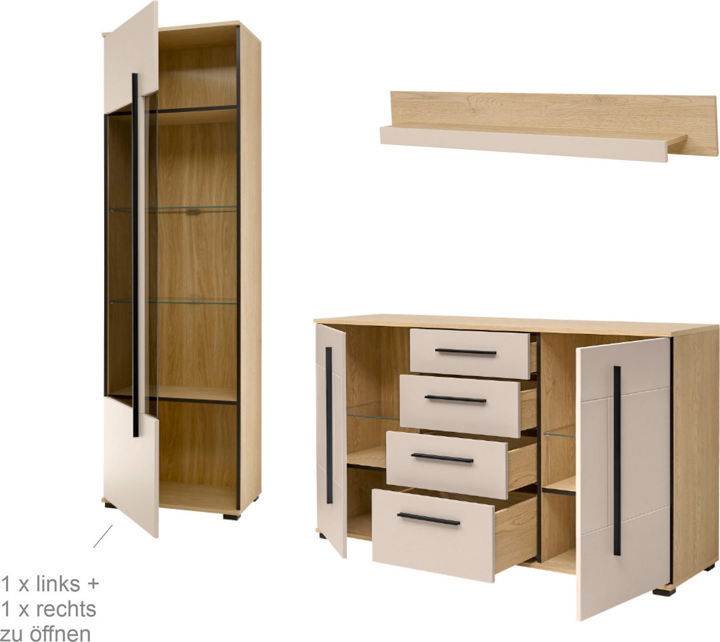 Home affaire Wohnwand Cantara, Anbauwand, Wohnzimmer-Set, in Eiche Evoke, Weiß oder Kaschmir, (Set), enthält zwei Vitrinen, ein Sideboard und ein Wandboard – Bild 4 von 5