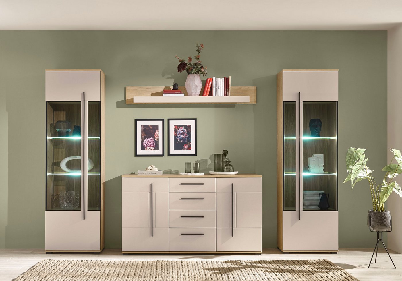 Home affaire Wohnwand Cantara, Anbauwand, Wohnzimmer-Set, in Eiche Evoke, Weiß oder Kaschmir, (Set), enthält zwei Vitrinen, ein Sideboard und ein Wandboard – Bild 5 von 5