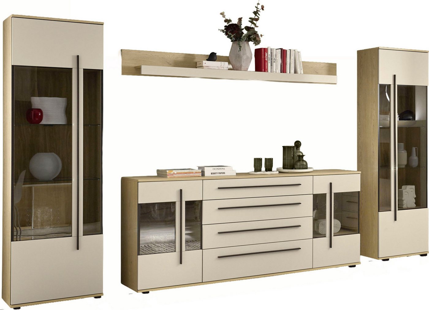 Home affaire Wohnwand Cantara, Anbauwand, Wohnzimmer-Set, in Eiche Evoke, Weiß oder Kaschmir, (Set), enthält zwei Vitrinen, ein Sideboard und ein Wandboard – Bild 2 von 5