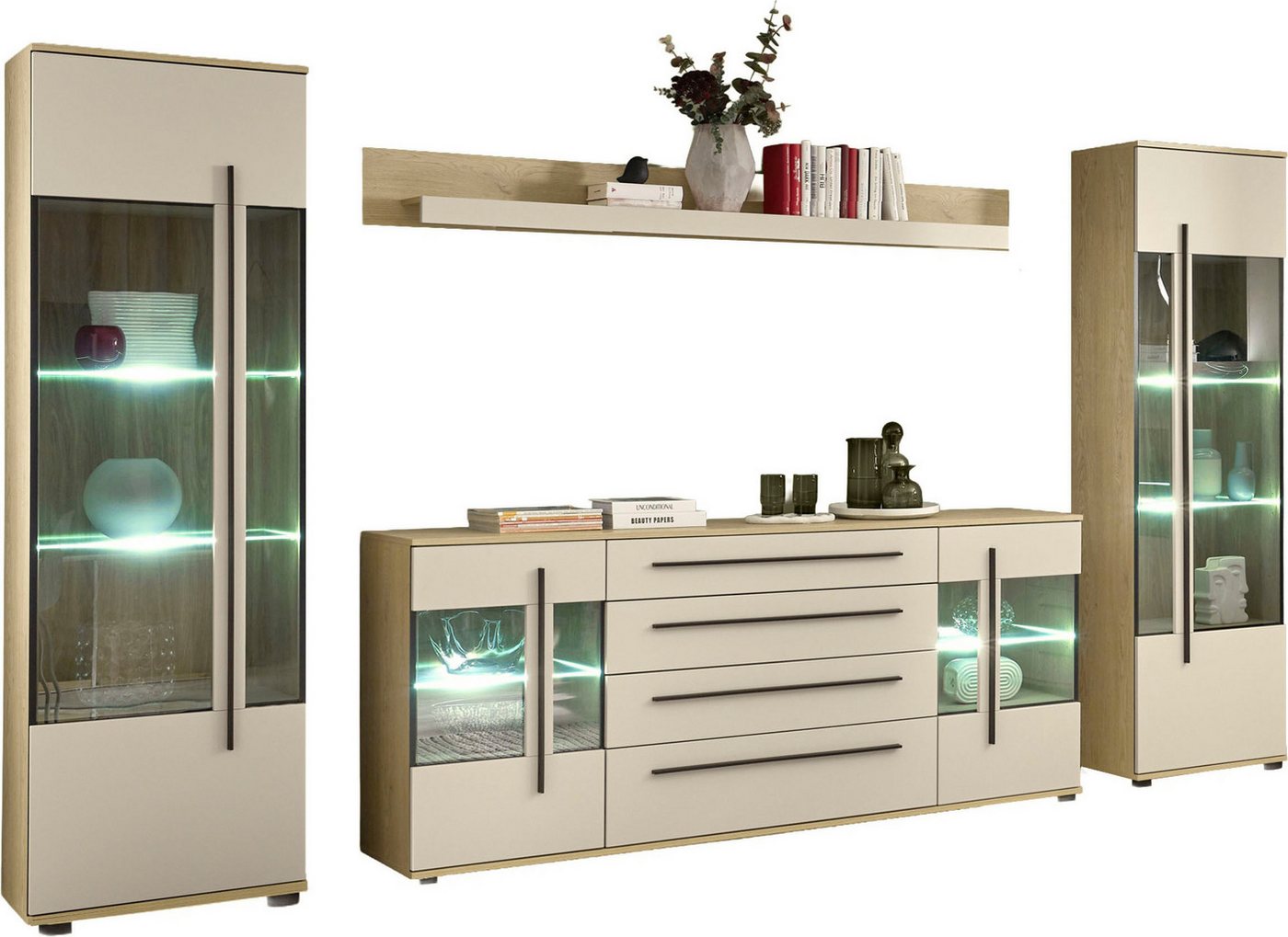 Home affaire Wohnwand Cantara, Anbauwand, Wohnzimmer-Set, in Eiche Evoke, Weiß oder Kaschmir, (Set), enthält zwei Vitrinen, ein Sideboard und ein Wandboard – Bild 3 von 5