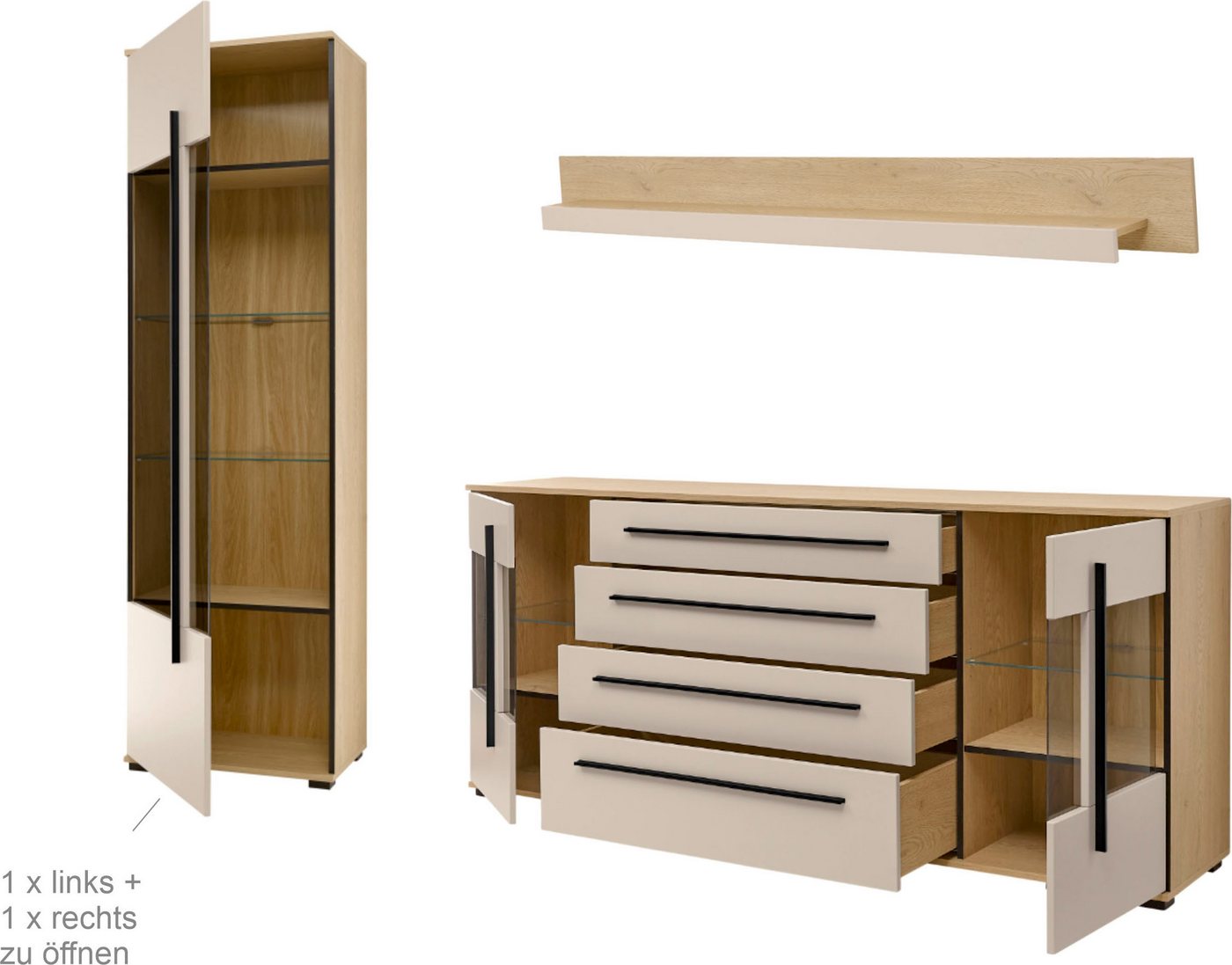 Home affaire Wohnwand Cantara, Anbauwand, Wohnzimmer-Set, in Eiche Evoke, Weiß oder Kaschmir, (Set), enthält zwei Vitrinen, ein Sideboard und ein Wandboard – Bild 4 von 5