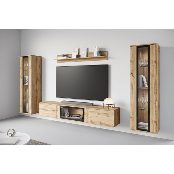 Home affaire Wohnwand Caro, stehend und hängend montierbar, (Komplett-Set, 4-St., Vitrine Türanschlag links/rechts wechselbar), grifflose Design, höhenverstellb