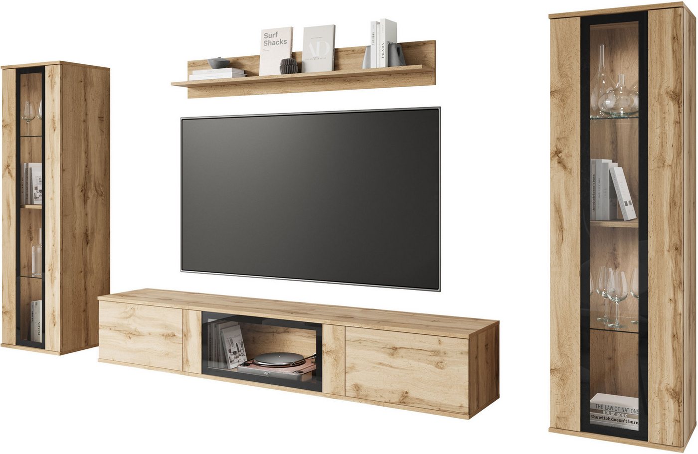 Home affaire Wohnwand Caro, stehend und hängend montierbar, (Komplett-Set, 4-St., Vitrine Türanschlag links/rechts wechselbar), grifflose Design, höhenverstellb – Bild 2 von 5