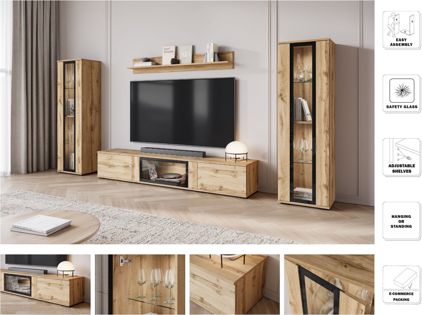 Home affaire Wohnwand Caro, stehend und hängend montierbar, (Komplett-Set, 4-St., Vitrine Türanschlag links/rechts wechselbar), grifflose Design, höhenverstellb – Bild 3 von 5