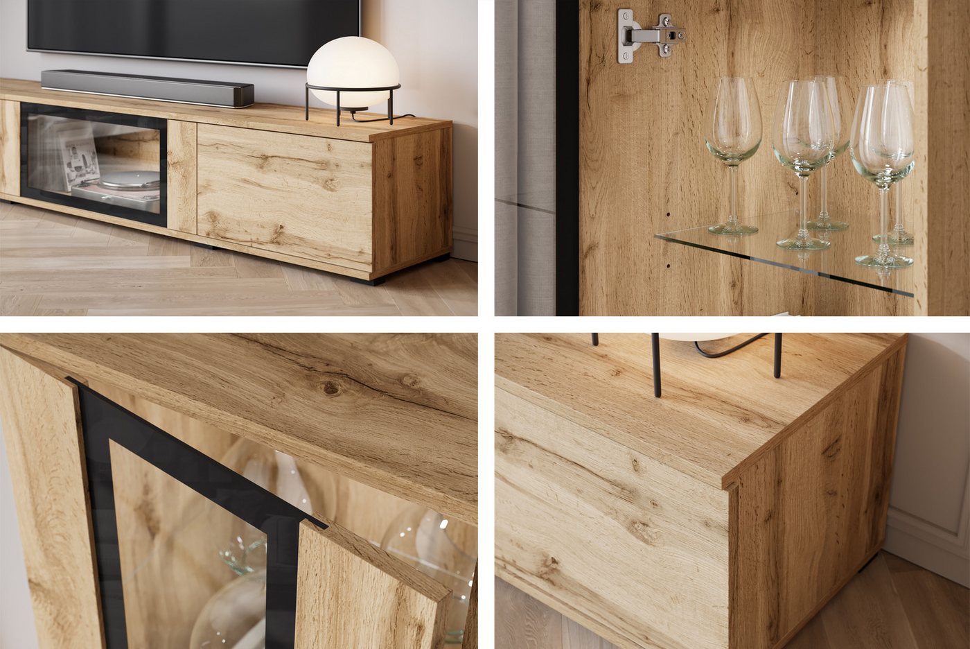 Home affaire Wohnwand Caro, stehend und hängend montierbar, (Komplett-Set, 4-St., Vitrine Türanschlag links/rechts wechselbar), grifflose Design, höhenverstellb – Bild 4 von 5