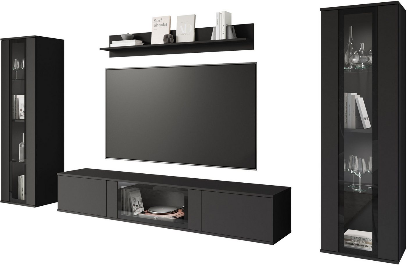 Home affaire Wohnwand Caro, stehend und hängend montierbar, (Komplett-Set, 4-St., Vitrine Türanschlag links/rechts wechselbar), grifflose Design, höhenverstellb – Bild 2 von 5