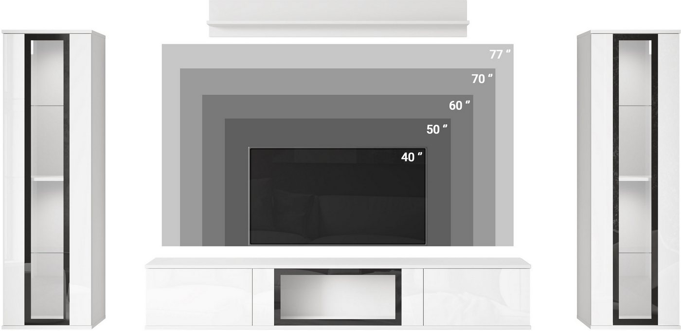 Home affaire Wohnwand Caro, stehend und hängend montierbar, (Komplett-Set, 4-St., Vitrine Türanschlag links/rechts wechselbar), grifflose Design, höhenverstellb – Bild 5 von 5
