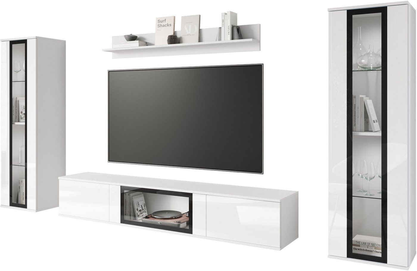 Home affaire Wohnwand Caro, stehend und hängend montierbar, (Komplett-Set, 4-St., Vitrine Türanschlag links/rechts wechselbar), grifflose Design, höhenverstellb – Bild 2 von 5