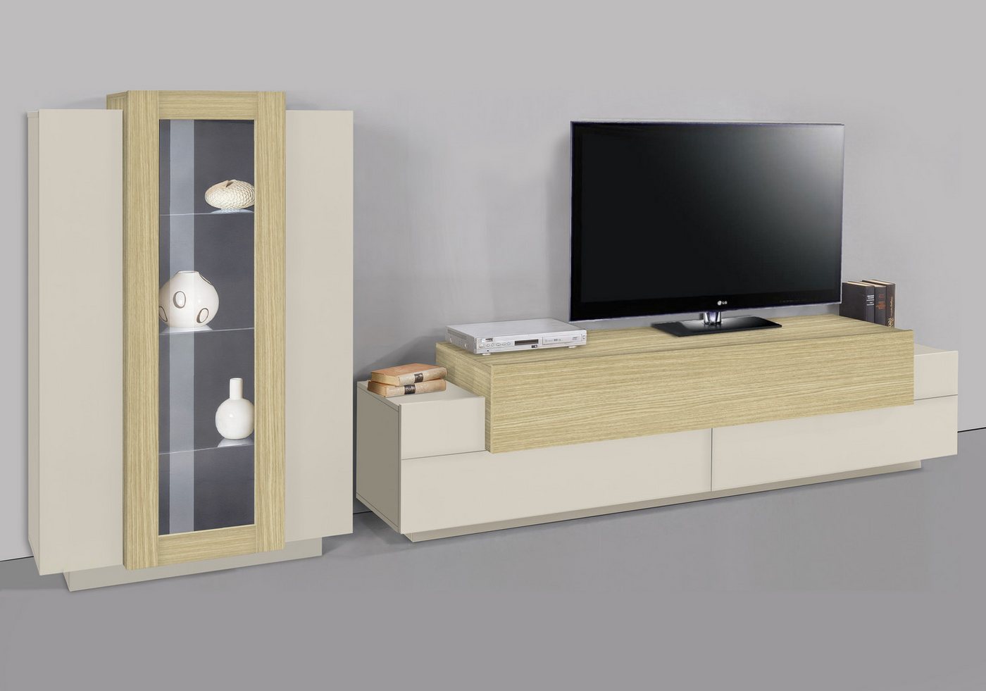 Home affaire Wohnwand Coro, Anbauwand, Medienwand, (Set, 2-St), Lowboard 4 Fächern Breite 200 cm und Vitrine 3 Türen Breite 80 cm – Bild 2 von 5