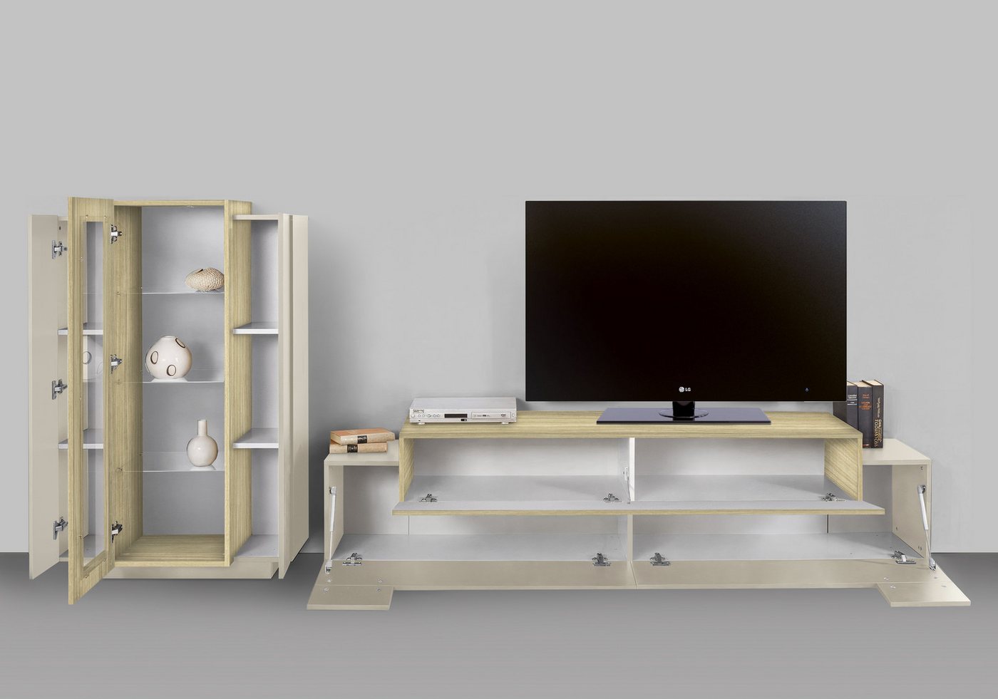 Home affaire Wohnwand Coro, Anbauwand, Medienwand, (Set, 2-St), Lowboard 4 Fächern Breite 200 cm und Vitrine 3 Türen Breite 80 cm – Bild 4 von 5