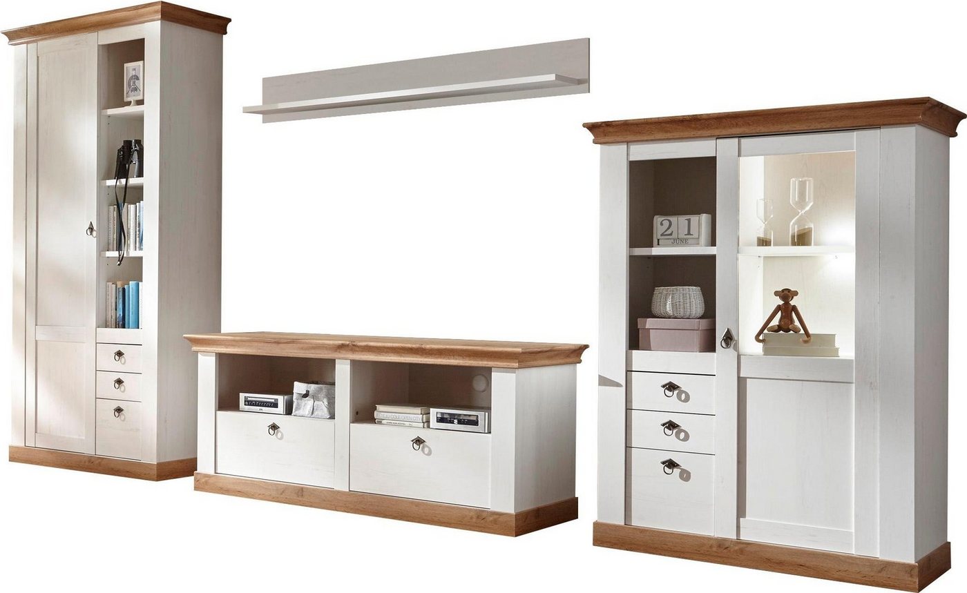 Home affaire Wohnwand Cremona, Anbauwand im Landhausstil, Komplettset, Wohnzimmer-Set, enthält Vitrine, Lowboard, Stauraumelement und Wandboard, 376 cm breit – Bild 2 von 5