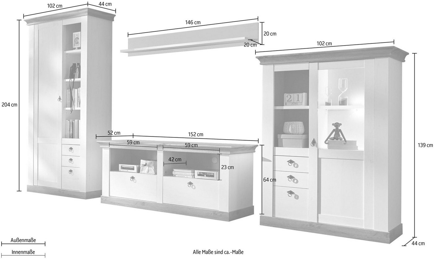 Home affaire Wohnwand Cremona, Anbauwand im Landhausstil, Komplettset, Wohnzimmer-Set, enthält Vitrine, Lowboard, Stauraumelement und Wandboard, 376 cm breit – Bild 3 von 5