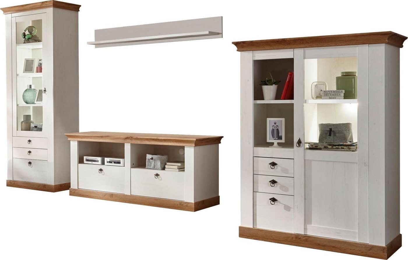 Home affaire Wohnwand Cremona, Anbauwand im Landhausstil, Komplettset, Wohnzimmer-Set, enthält Vitrinen, Lowboard und Wandboard, 356 cm breit – Bild 2 von 5