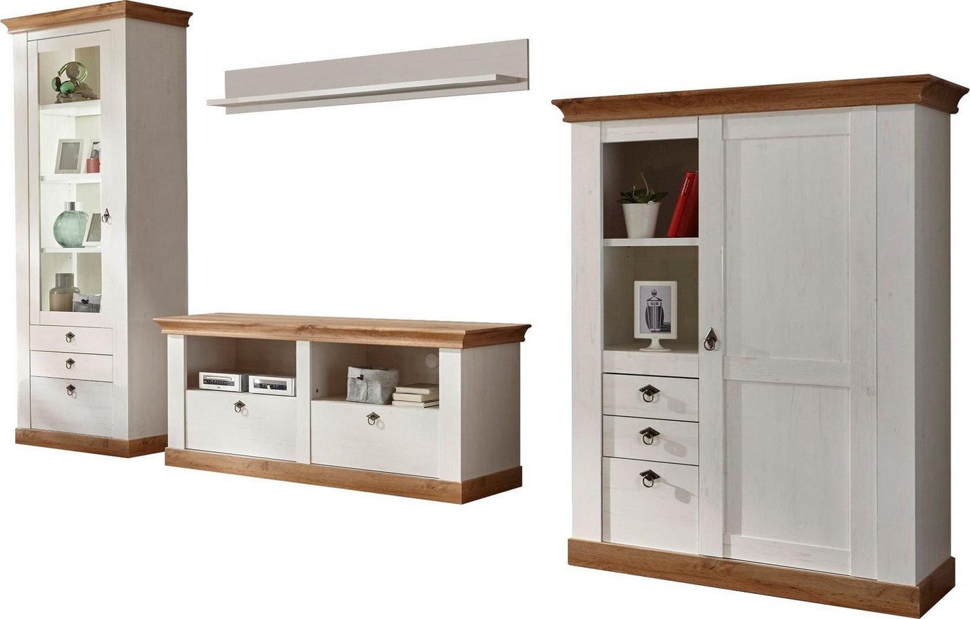 Home affaire Wohnwand Cremona, Anbauwand im Landhausstil, Komplettset, Wohnzimmer-Set, enthält Vitrine, Lowboard, Stauraumelement und Wandboard, 356 cm breit – Bild 2 von 5