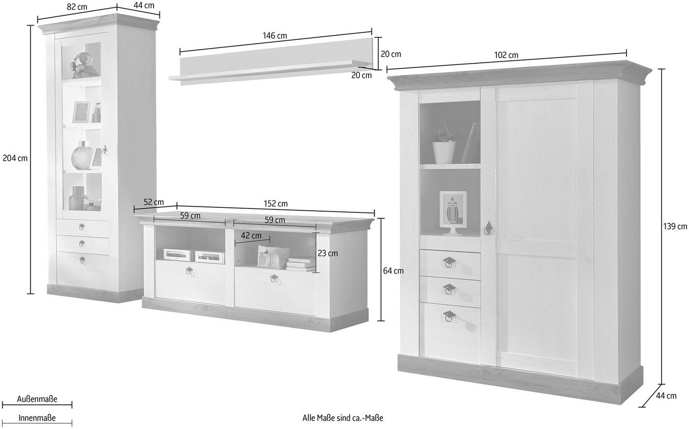 Home affaire Wohnwand Cremona, Anbauwand im Landhausstil, Komplettset, Wohnzimmer-Set, enthält Vitrine, Lowboard, Stauraumelement und Wandboard, 356 cm breit – Bild 3 von 5