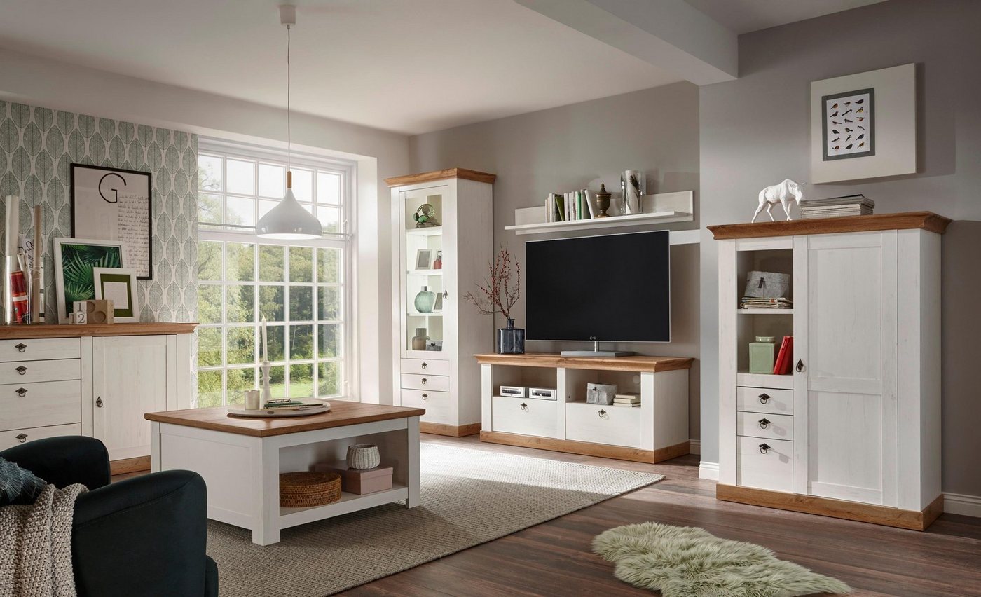 Home affaire Wohnwand Cremona, Anbauwand im Landhausstil, Komplettset, Wohnzimmer-Set, enthält Vitrine, Lowboard, Stauraumelement und Wandboard, 356 cm breit – Bild 4 von 5