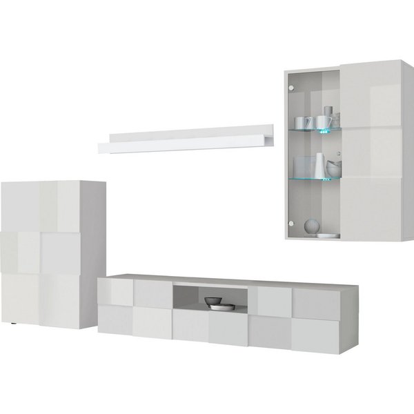 Home affaire Wohnwand Dama, 4tlg.Breite 300 cm, Höhe 200 cm, moderne Anbauwand in 3D-Optik, (Set, 4-St), (Lowboard, Stauraumschrank, Hängevitrine, Wandboard) vi