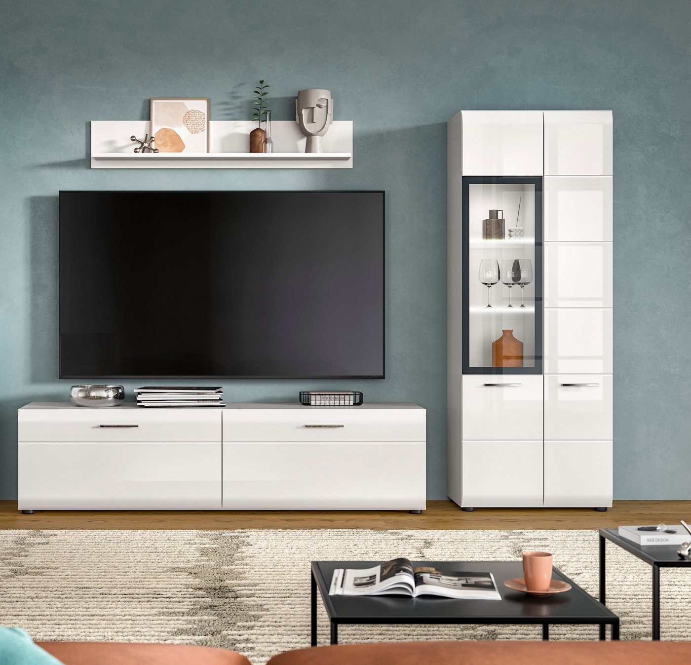 Home affaire Wohnwand FLORENZ, 3-teilige Wohn-Kombination, hochwertige MDF-Front, (Set, 3-St., Set, best. aus: 1 Vitrine, 1 Lowboard, 1 Wandboard), Wohn-Kombina – Bild 2 von 5