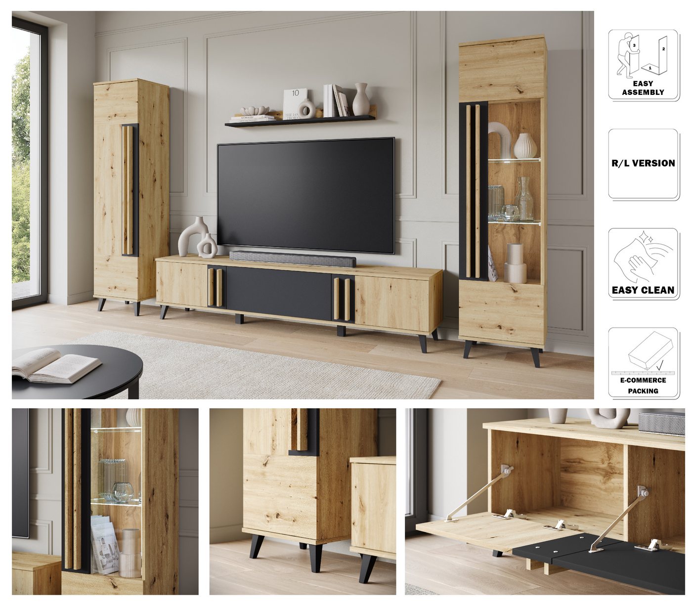Home affaire Wohnwand Helsinki, Modernes Set mit verglaster Vitrine, (Komplett-Set, 4-St), mit lamellengriffen, verstellbaren Einlegeböden und Kunststofffüßen – Bild 3 von 5