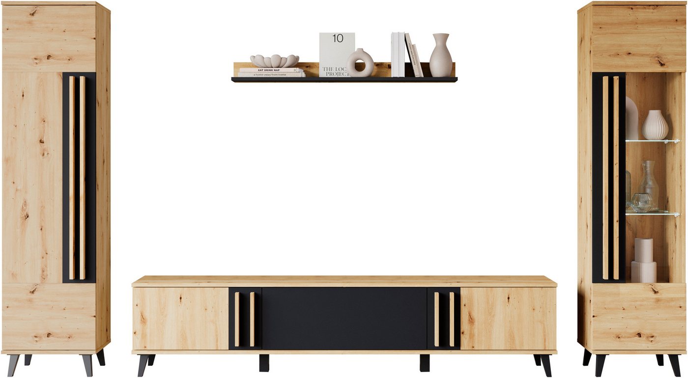 Home affaire Wohnwand Helsinki, Modernes Set mit verglaster Vitrine, (Komplett-Set, 4-St), mit lamellengriffen, verstellbaren Einlegeböden und Kunststofffüßen – Bild 5 von 5