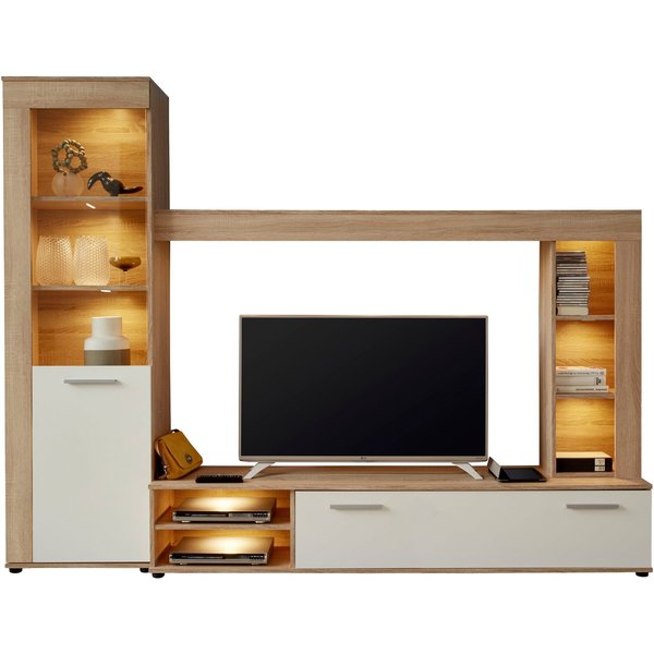 Home affaire Wohnwand Laholm, (Set, 4-St), Wohnwand mit Tür, Klappe & 6 Fächern - (B/T/H) 240/41/185 cm