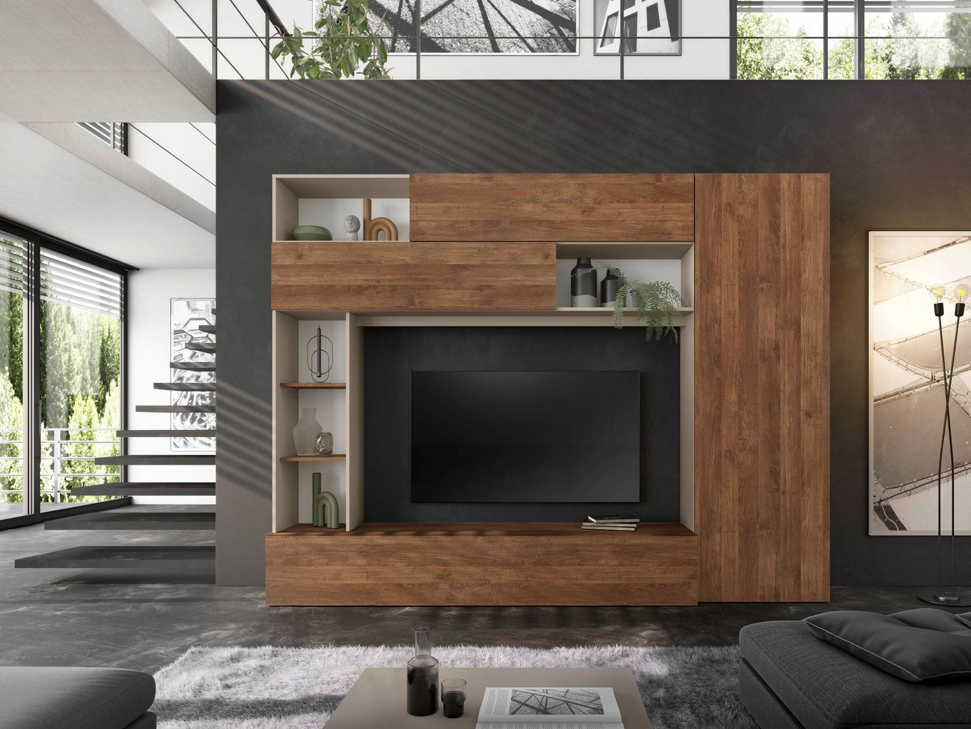 Home affaire Wohnwand PRATO, Breite 272 cm, Höhe 210 cm, Kompakt-Wohnwand, Mediawand, Schrankwand, moderne u. grifflose Optik, viel Stauraum – Bild 2 von 5