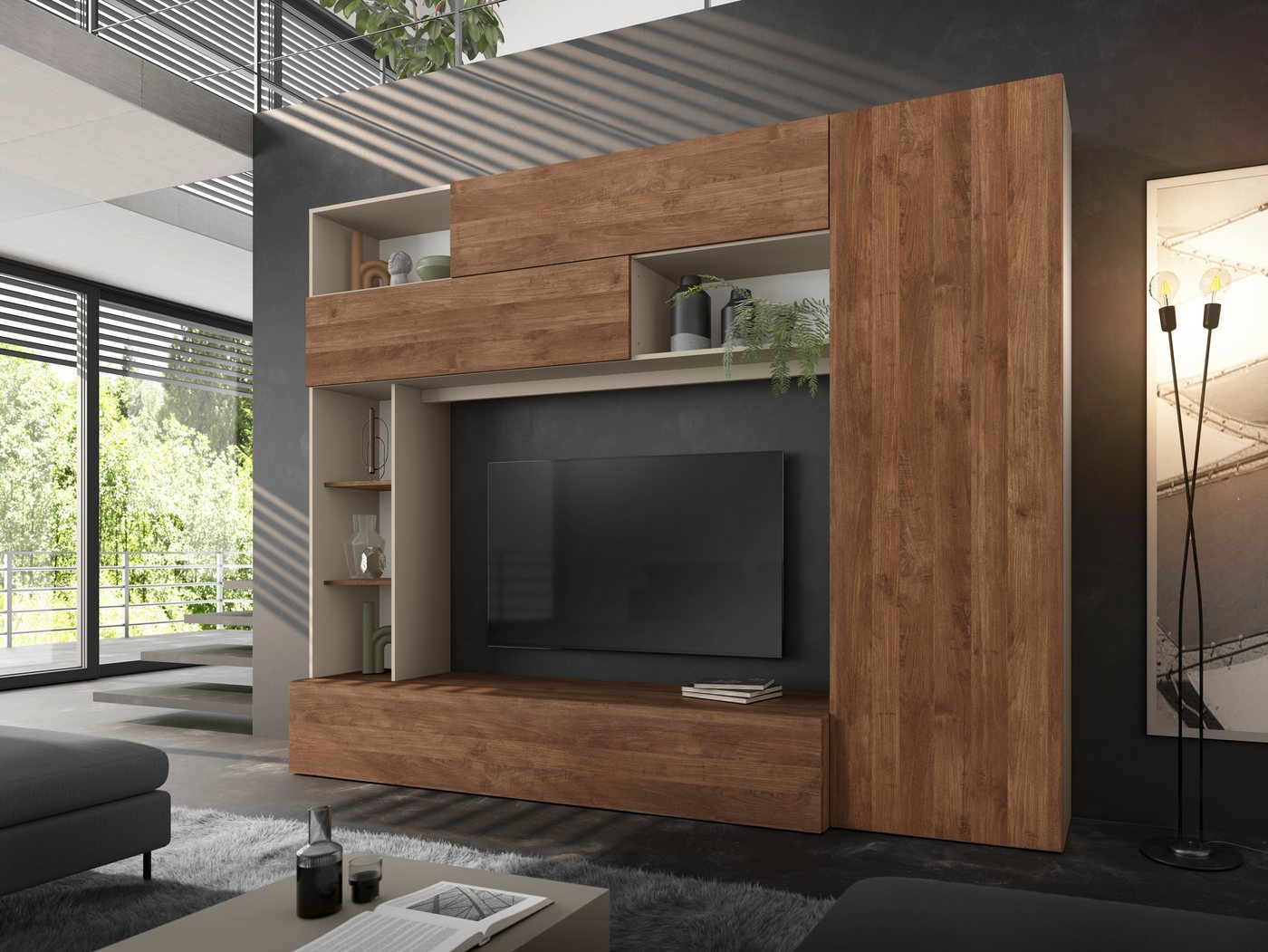 Home affaire Wohnwand PRATO, Breite 272 cm, Höhe 210 cm, Kompakt-Wohnwand, Mediawand, Schrankwand, moderne u. grifflose Optik, viel Stauraum – Bild 4 von 5