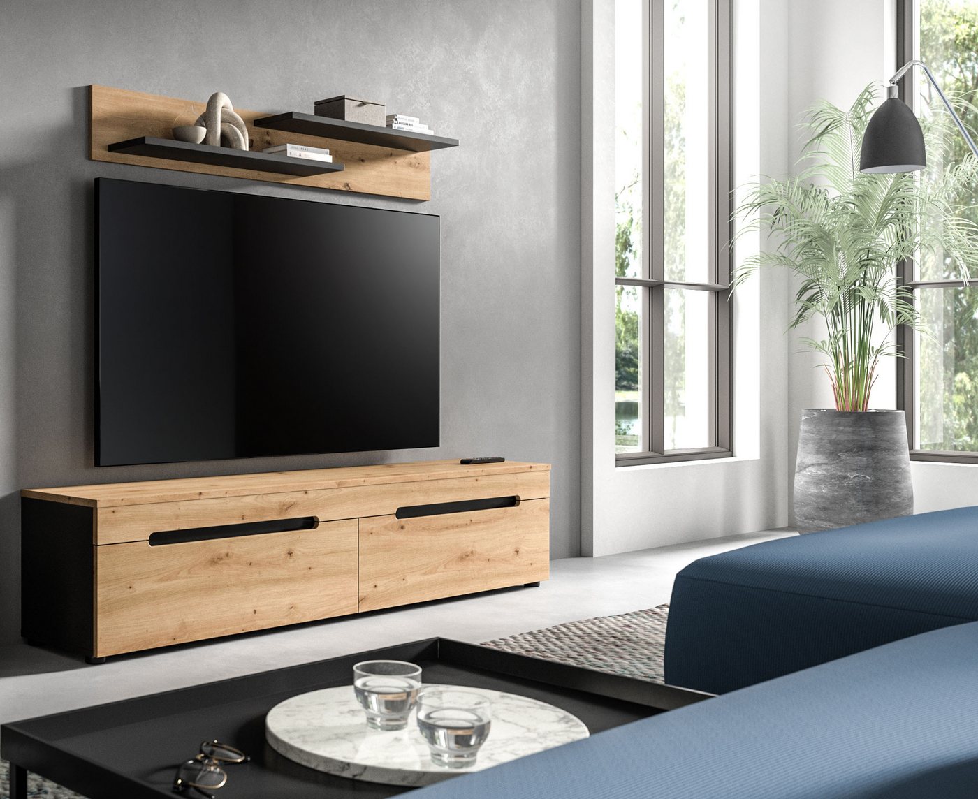 Home affaire Wohnwand REHAT, TOPSELLER!, 2-teilig, wahlweise stehend und hängend montierbar, (2-St., Set bestehend aus: Wandboard (13x19x8 cm) und Lowboard (170 – Bild 5 von 5