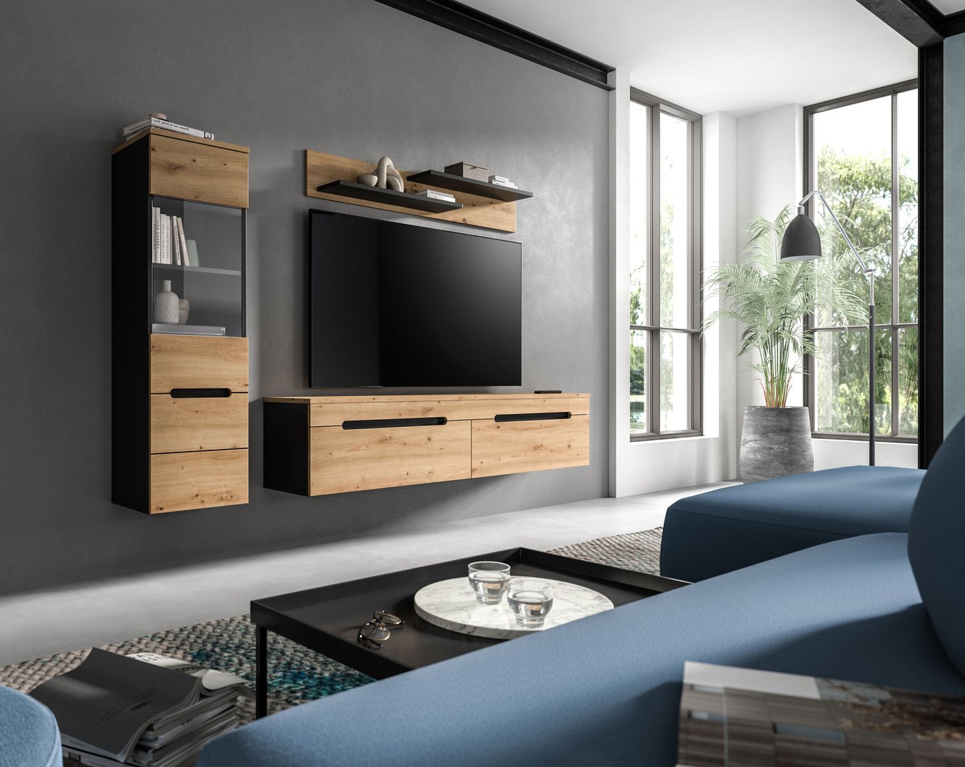 Home affaire Wohnwand REHAT, TOPSELLER!, 3-teilig, wahlweise stehend und hängend montierbar, (2-St., Set bestehend aus: Vitrine, Lowboard und Wandboard), Kombin – Bild 2 von 5