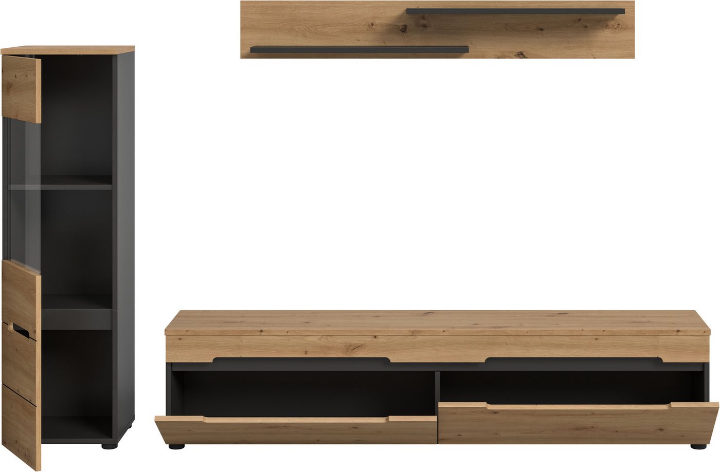 Home affaire Wohnwand REHAT, TOPSELLER!, 3-teilig, wahlweise stehend und hängend montierbar, (2-St., Set bestehend aus: Vitrine, Lowboard und Wandboard), Kombin – Bild 4 von 5